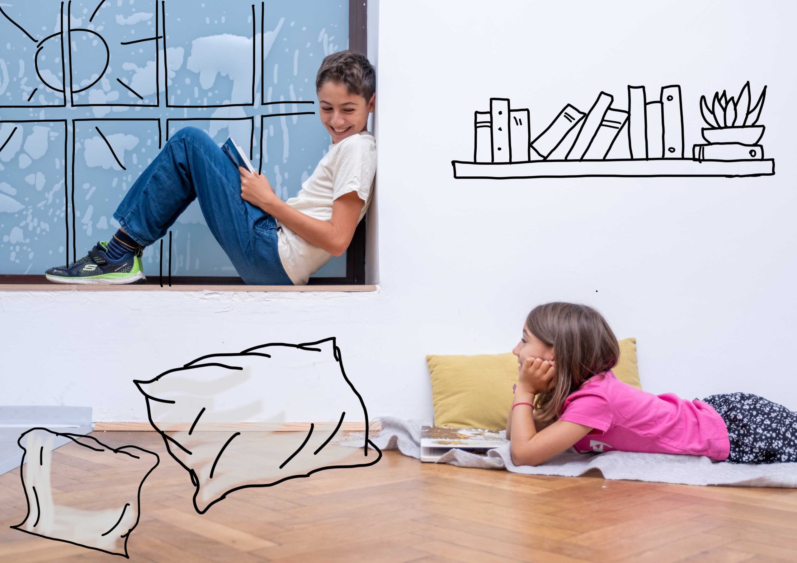 Zwei Kinder lesen Bücher in einem teilillustrierten Lesebereich