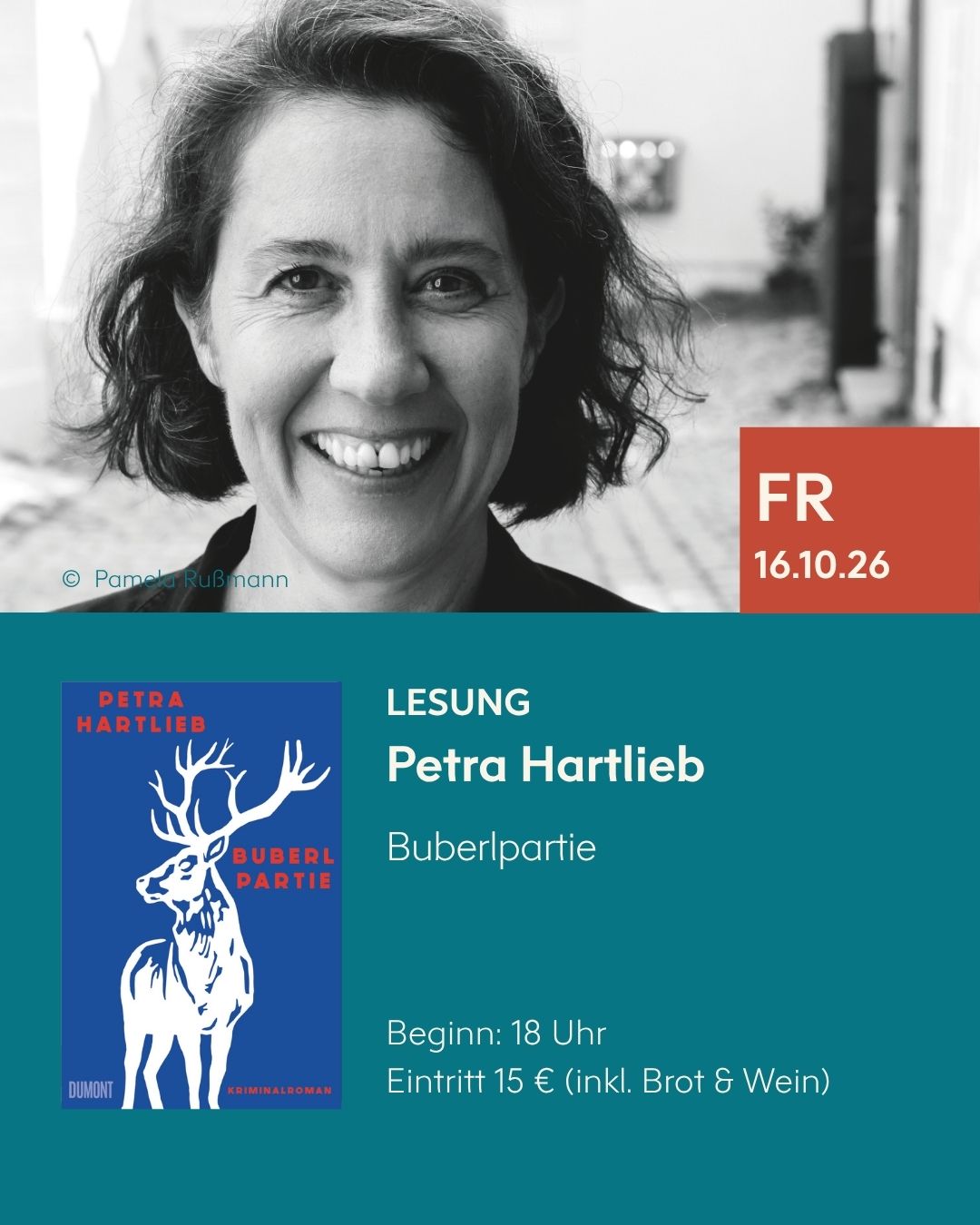 Ankündigung der Lesung mit Petra Hartlieb zu ihrem neuen Buch "Buberlpartie" am 16. Oktober 2026 im BuchQuartier