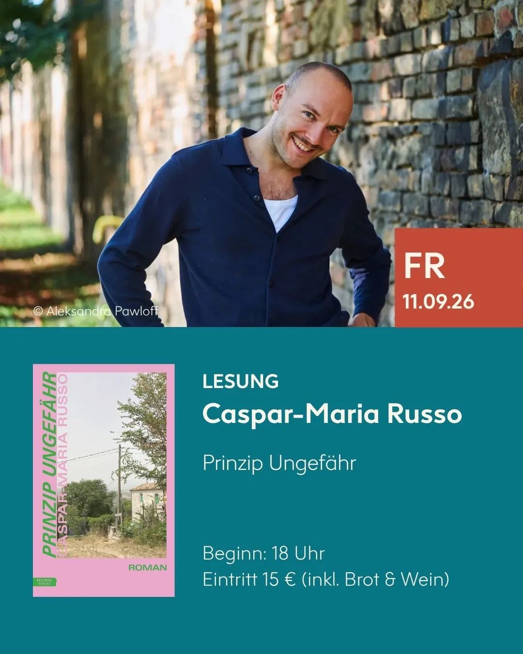 Ankündigung der Lesung von Caspar-Maria Russo aus seinem Roman „Prinzip Ungefähr“ am 11. September 2026 im BuchQuartier