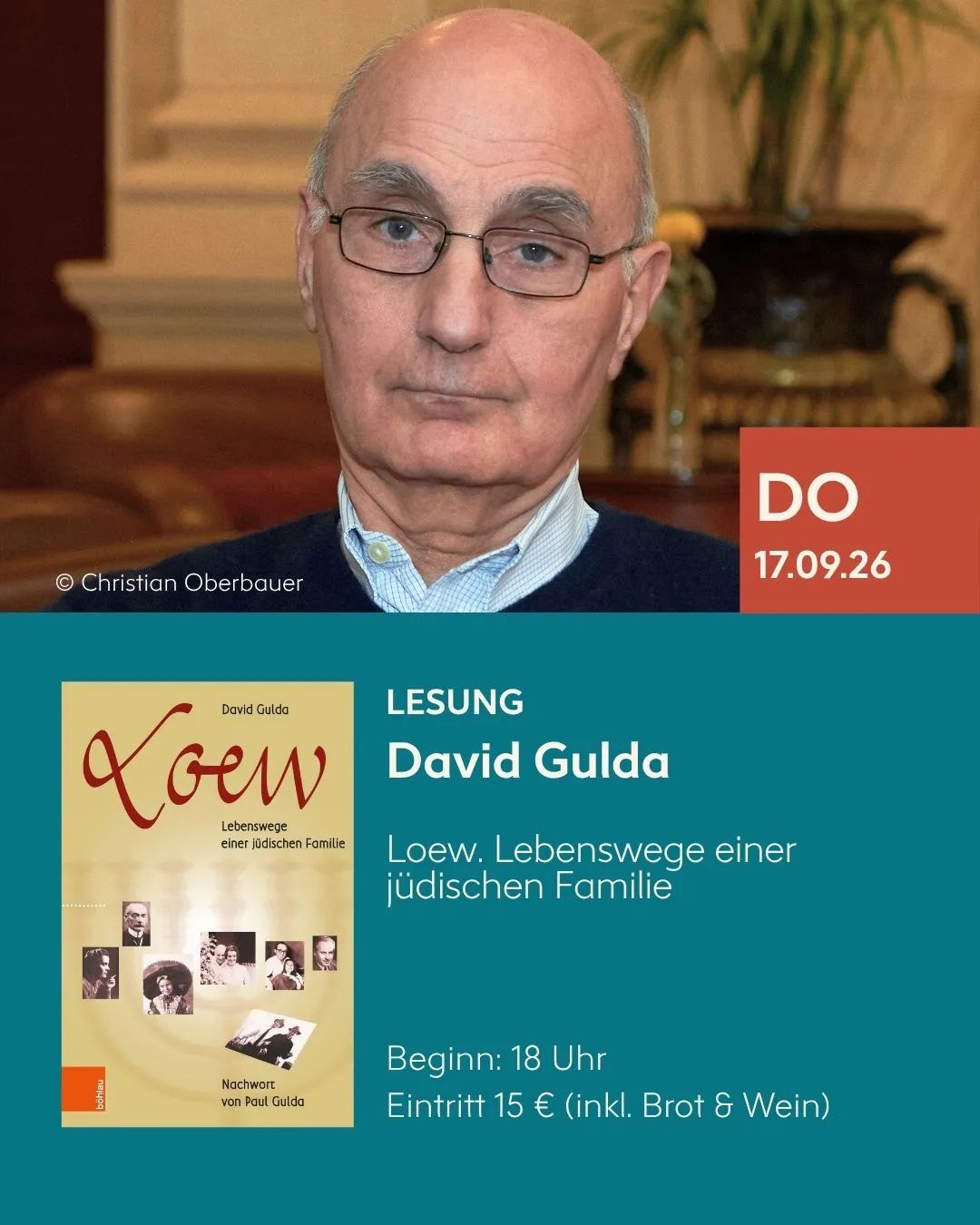 Ankündigung der Lesung mit David Gulda aus „Loew. Lebenswege einer jüdischen Familie“ am 17. September 2026 im BuchQuartier
