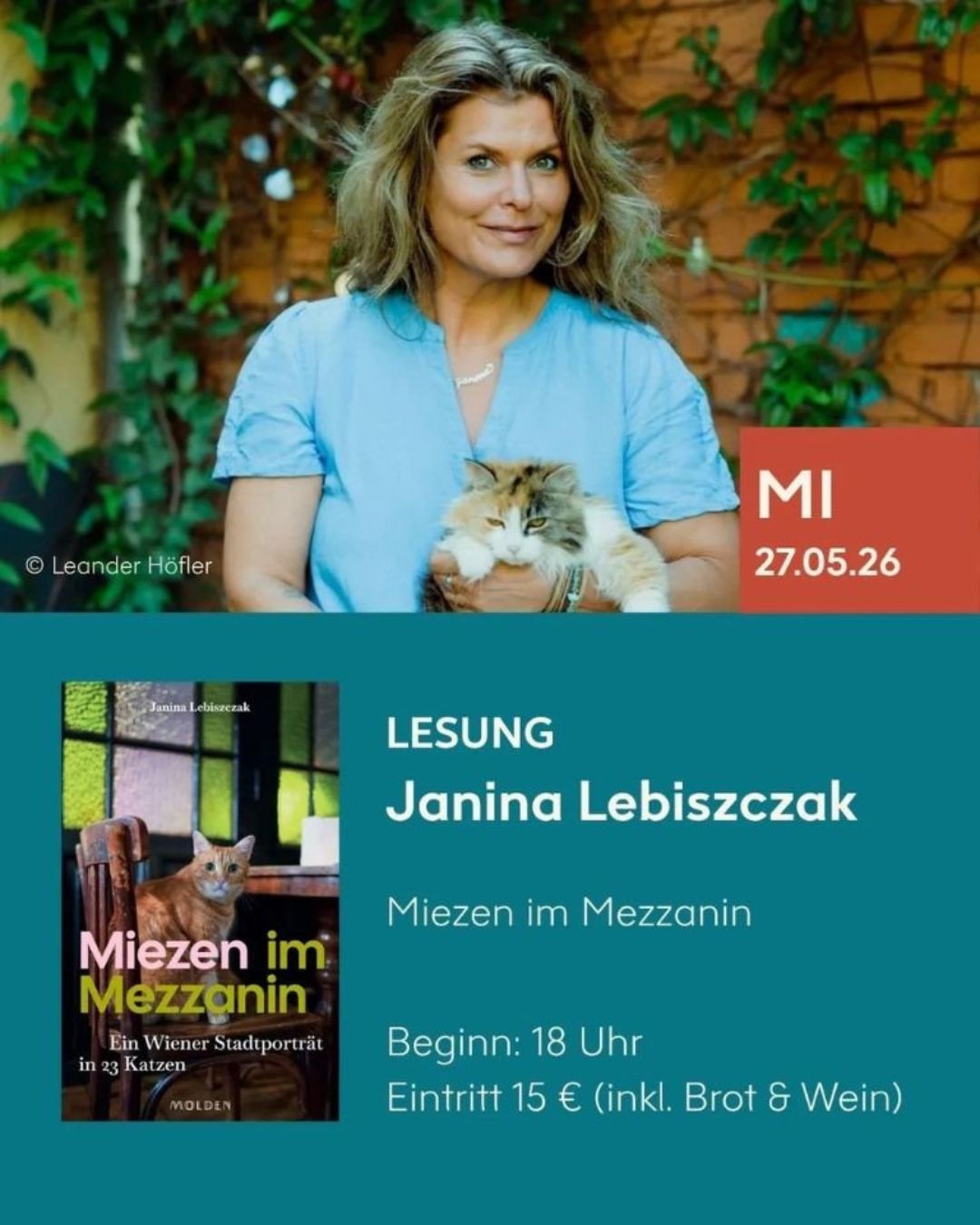 Ankündigung der Lesung von Janina Lebiszczak aus „Miezen im Mezzanin“ am 27. Mai 2026 im BuchQuartier