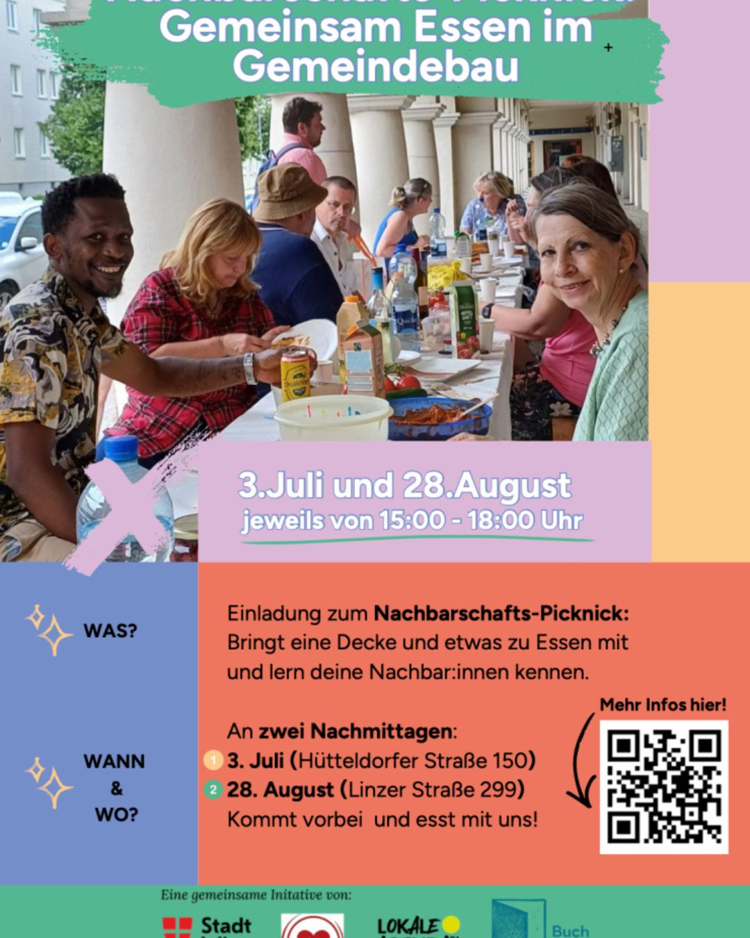 Einladung zum Nachbarschafts-Picknick mit gemeinsamem Essen am 3. Juli und 28. August 2026, jeweils von 15 bis 18 Uhr